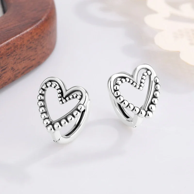 Retro Silver-Plated Beaded Open Heart Copper Stud Earrings