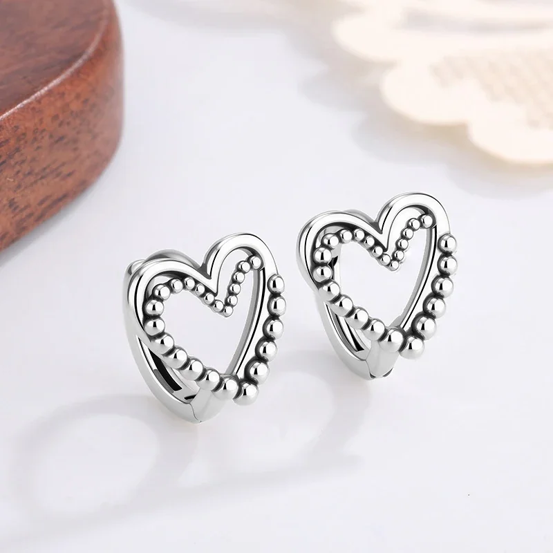 Retro Silver-Plated Beaded Open Heart Copper Stud Earrings
