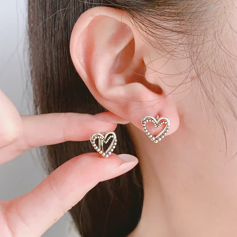 Retro Silver-Plated Beaded Open Heart Copper Stud Earrings