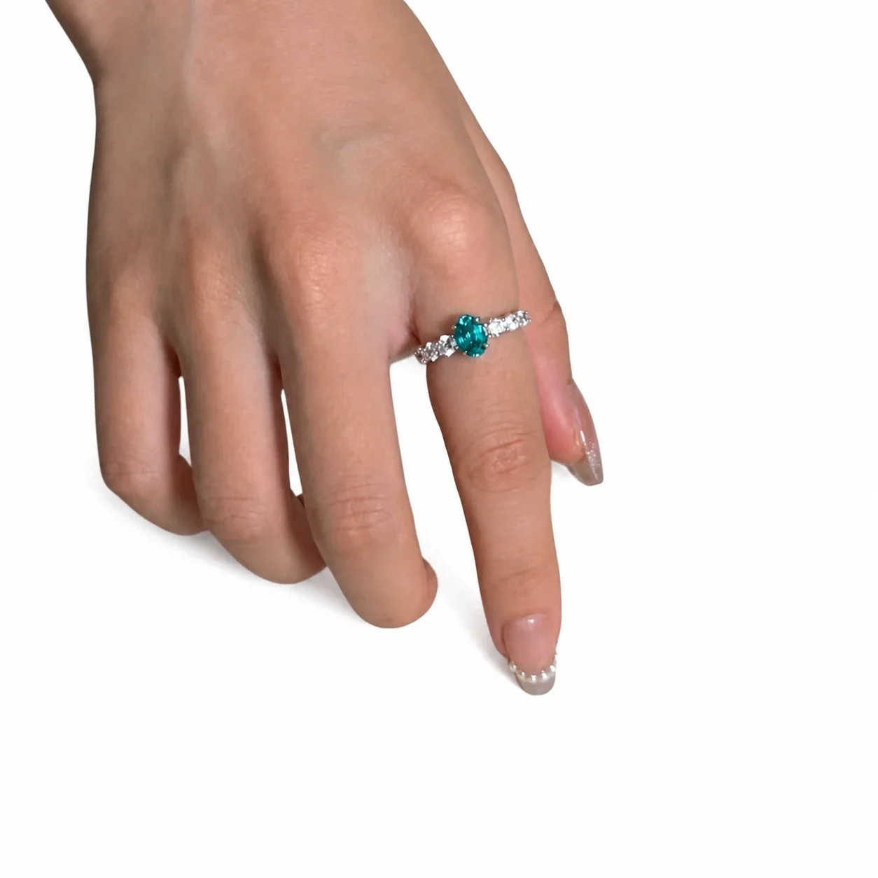 Luminous Silver-Plated Teal Round Crystal Pavé Copper Ring