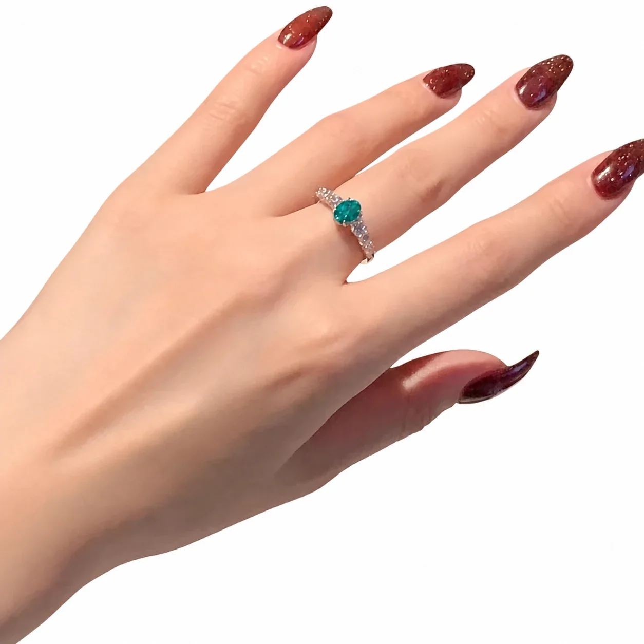 Luminous Silver-Plated Teal Round Crystal Pavé Copper Ring