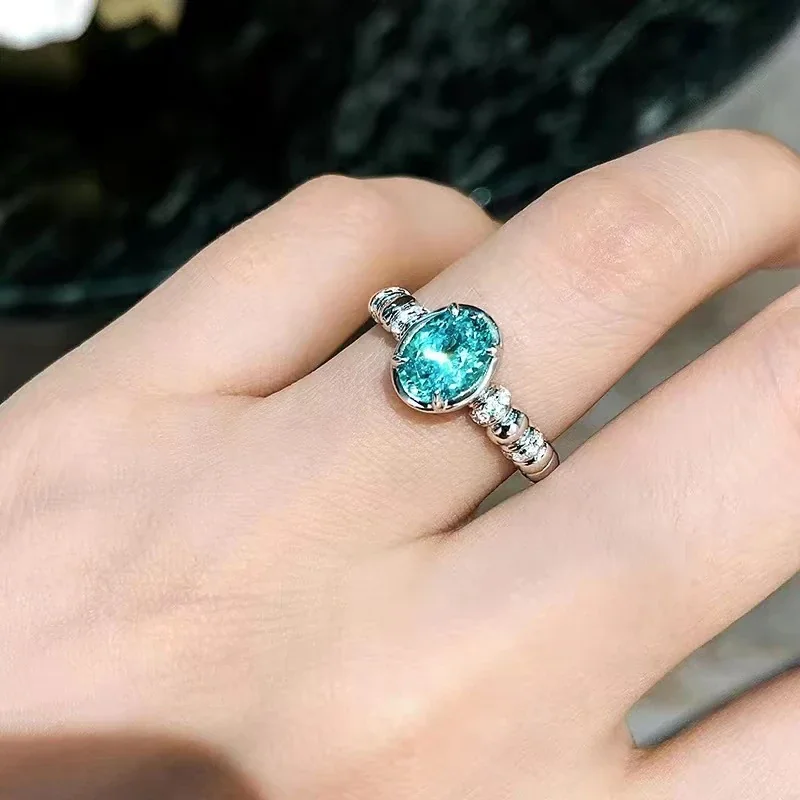 Luminous Silver-Plated Teal Round Crystal Pavé Copper Ring - Silver Blue Stone Wide Band