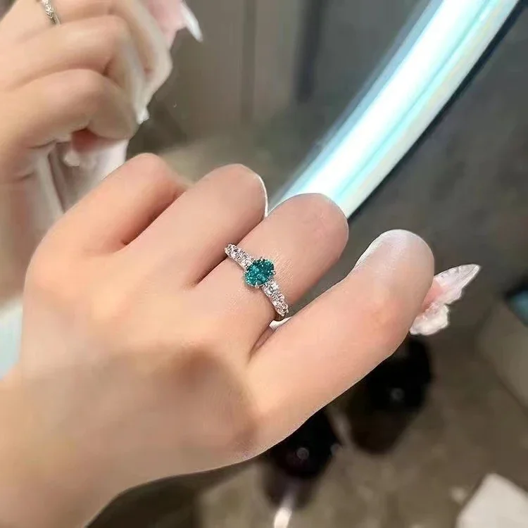 Luminous Silver-Plated Teal Round Crystal Pavé Copper Ring - Silver Blue Stone Slim Band