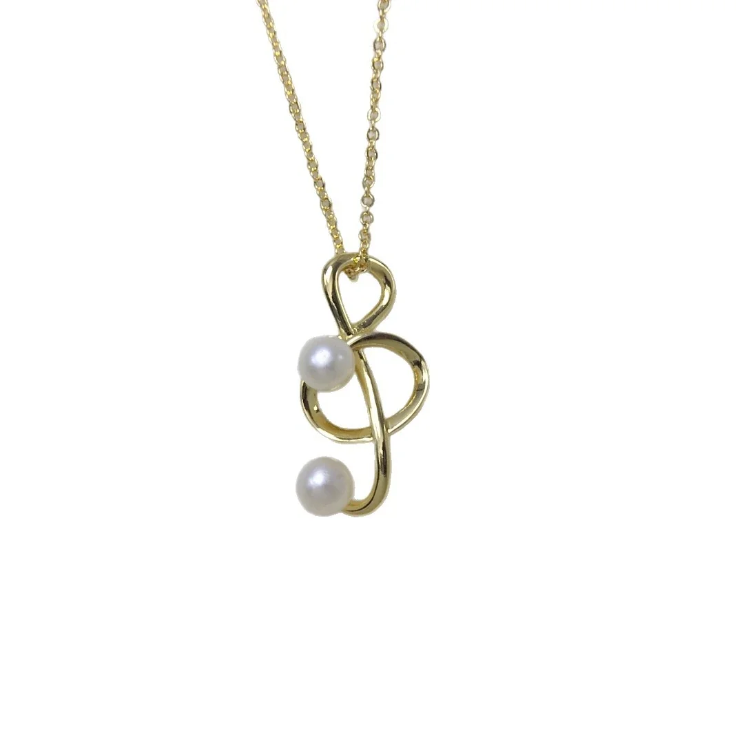 Lyrical Gold-Plated Treble Note Twin Pearl Pendant Necklace