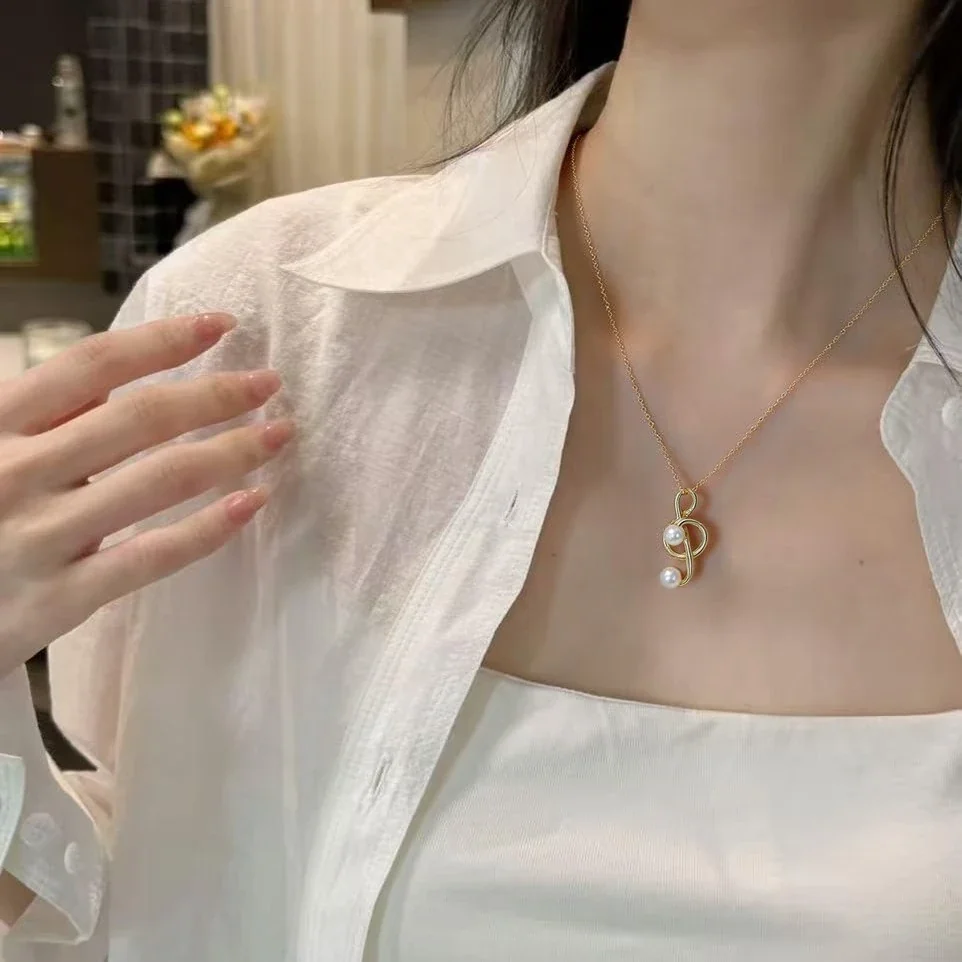Lyrical Gold-Plated Treble Note Twin Pearl Pendant Necklace