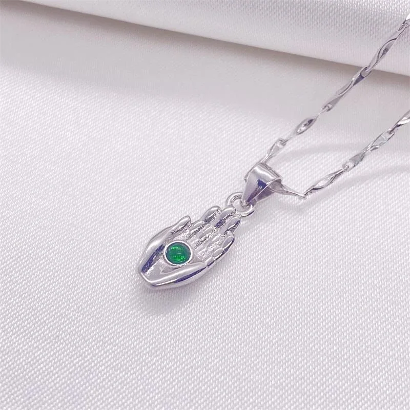 Sculptural 925 sterling silver Hand Bezel-Set Green Crystal Pendant
