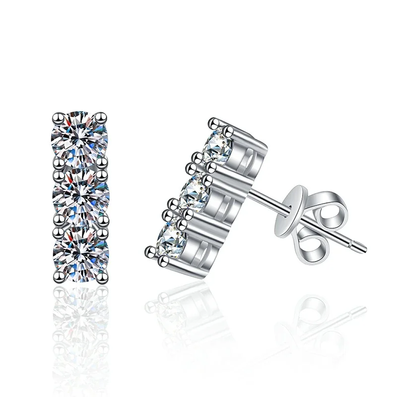 Three-Stone Bar 925 Sterling Silver Moissanite Stud Earrings