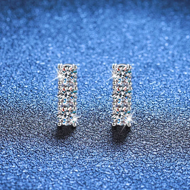 Three-Stone Bar 925 Sterling Silver Moissanite Stud Earrings