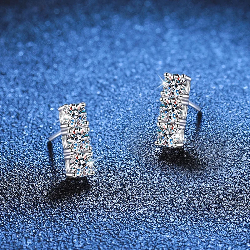 Three-Stone Bar 925 Sterling Silver Moissanite Stud Earrings