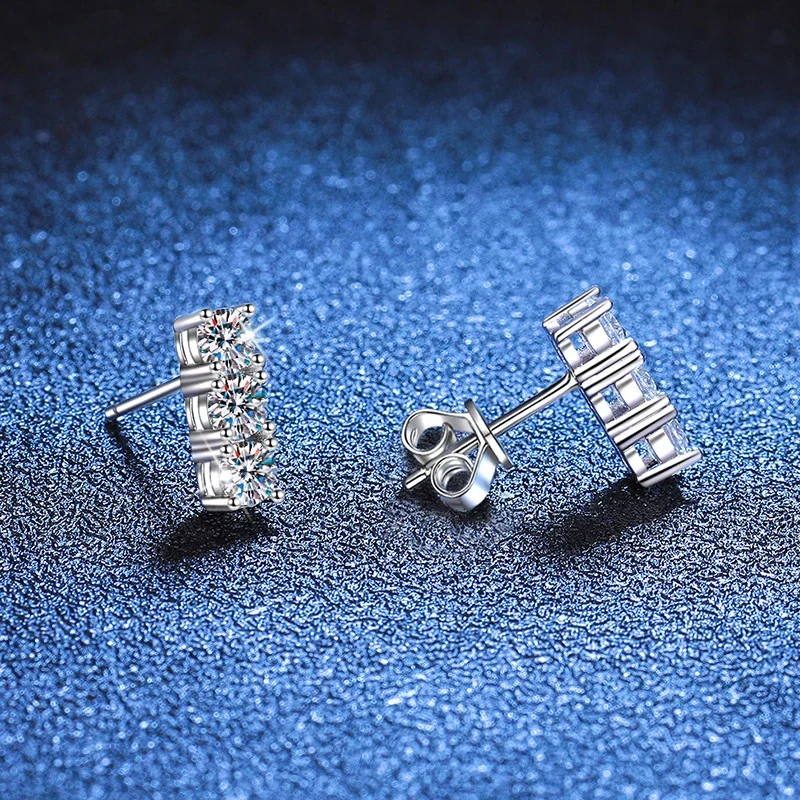 Three-Stone Bar 925 Sterling Silver Moissanite Stud Earrings