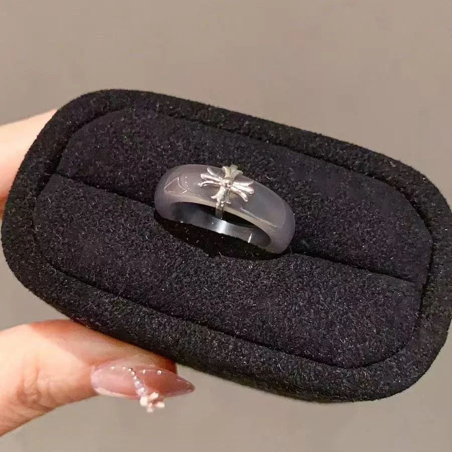 Translucent Dome Silver-Plated Cross Charm Copper Ring