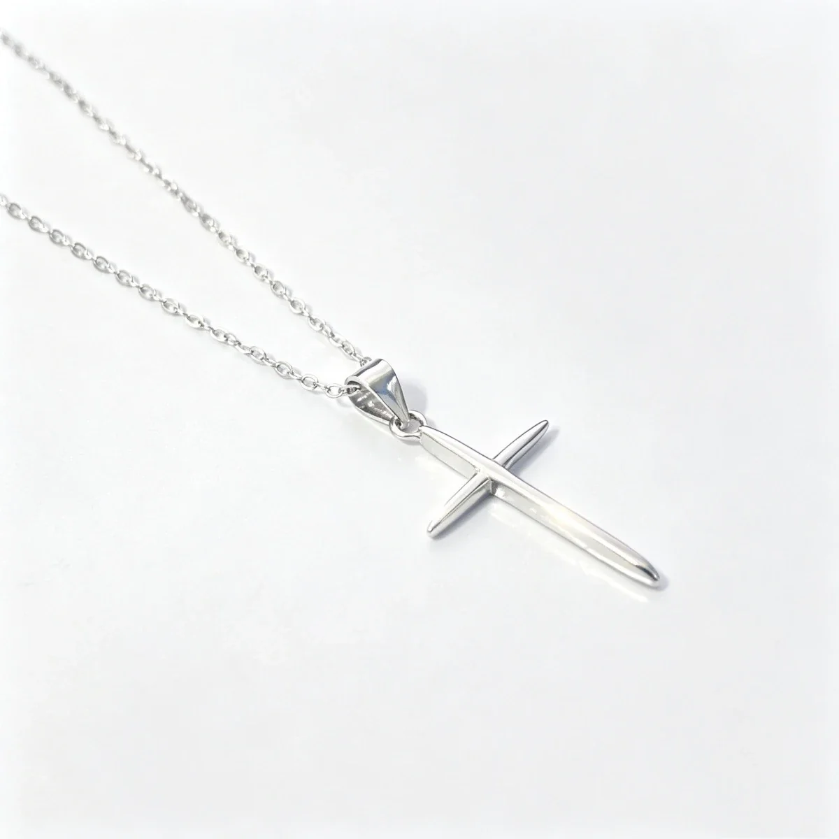 Sleek 925 sterling silver Polished Tapered Cross Necklace - Silver Cross , 40 + 5 cm
