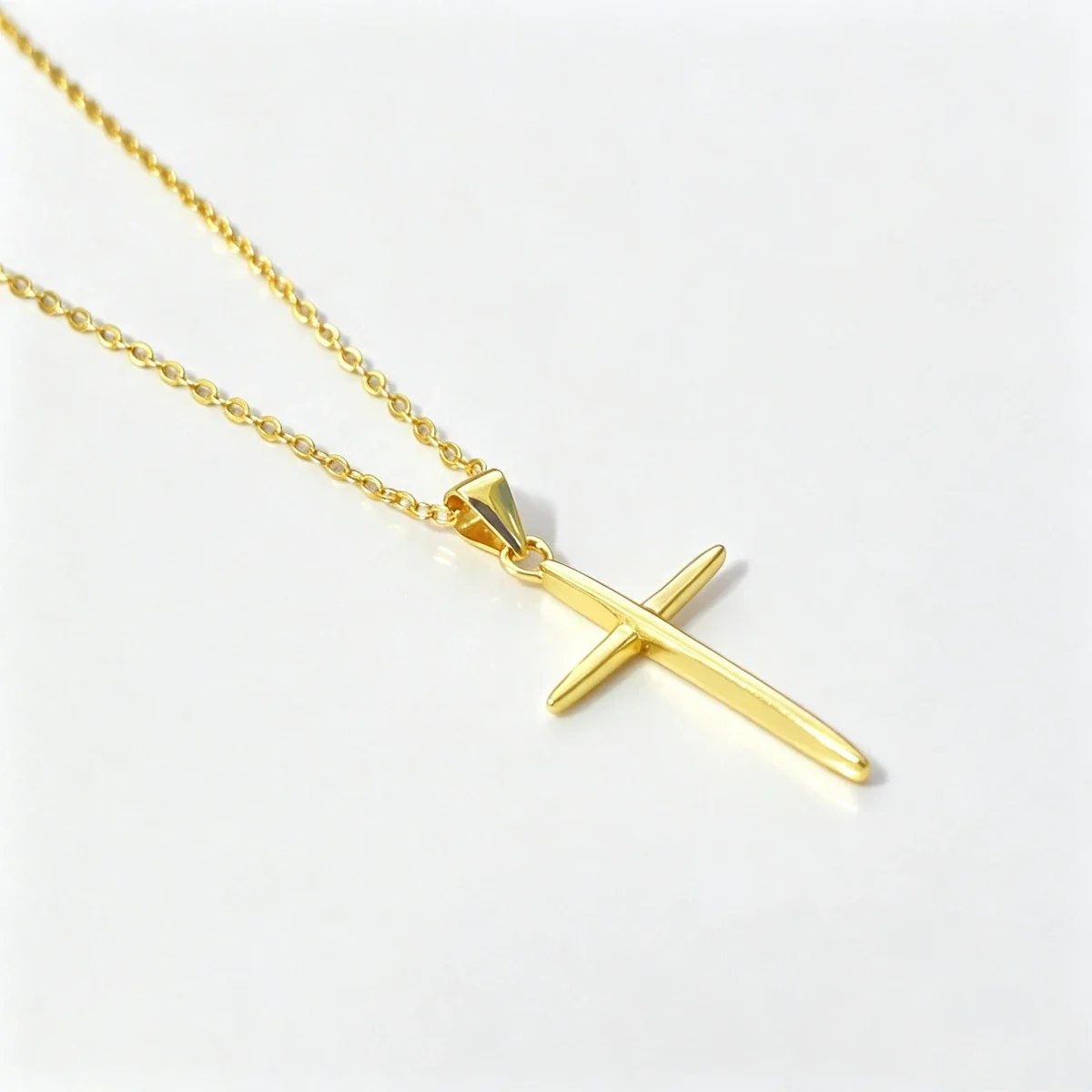 Sleek 925 sterling silver Polished Tapered Cross Necklace - Gold Cross , 40 + 5 cm
