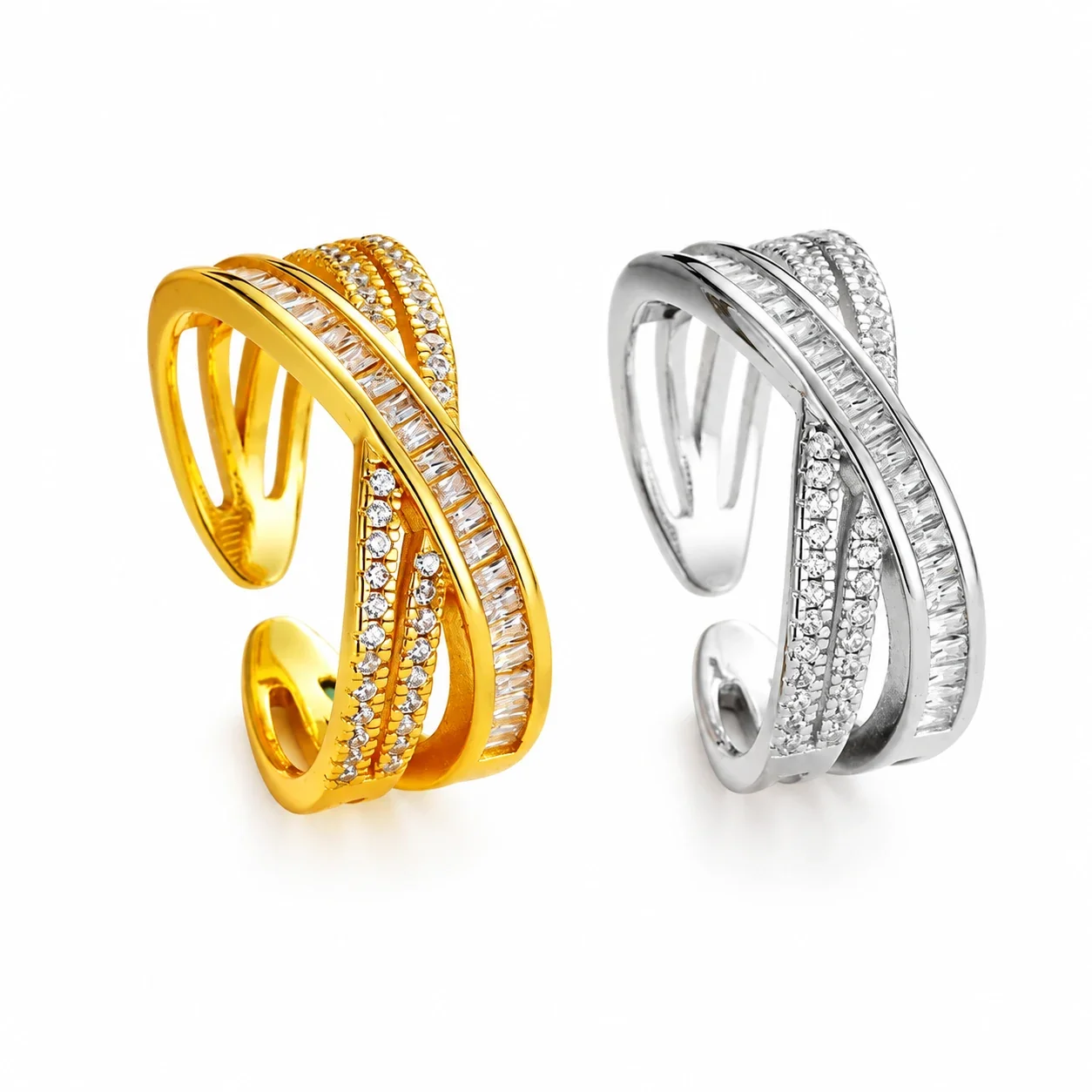 Sculptural 925 Sterling Silver Baguette Pavé Ring