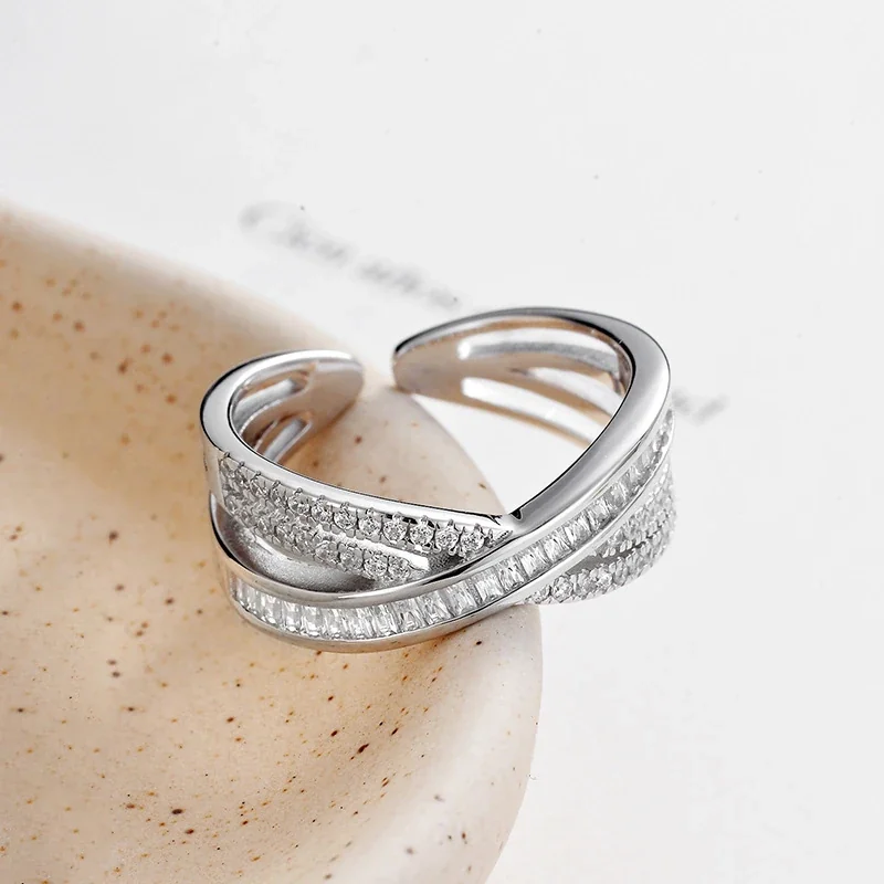 Sculptural 925 Sterling Silver Baguette Pavé Ring