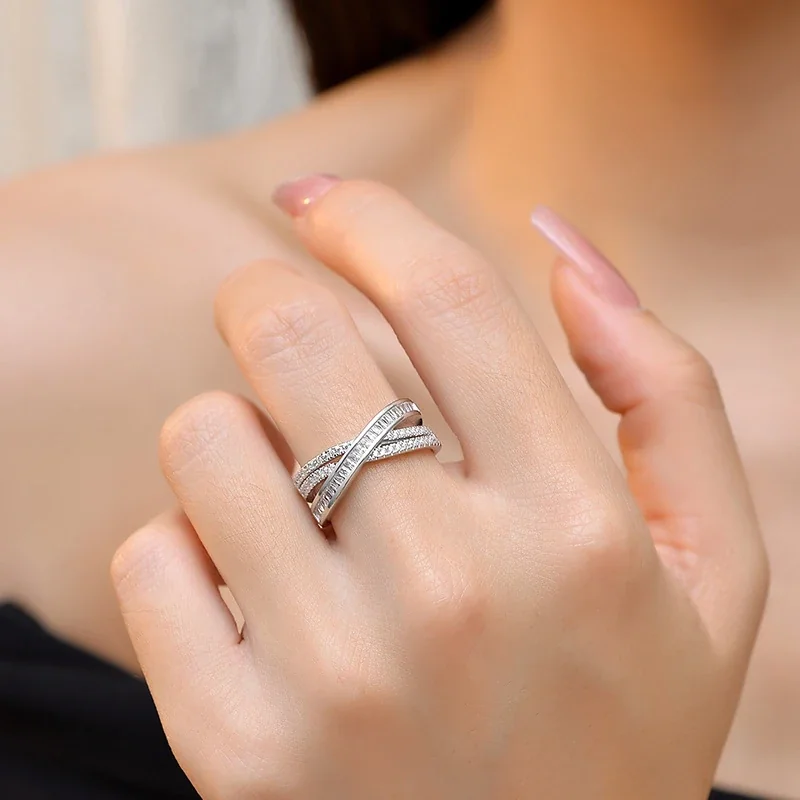 Sculptural 925 Sterling Silver Baguette Pavé Ring