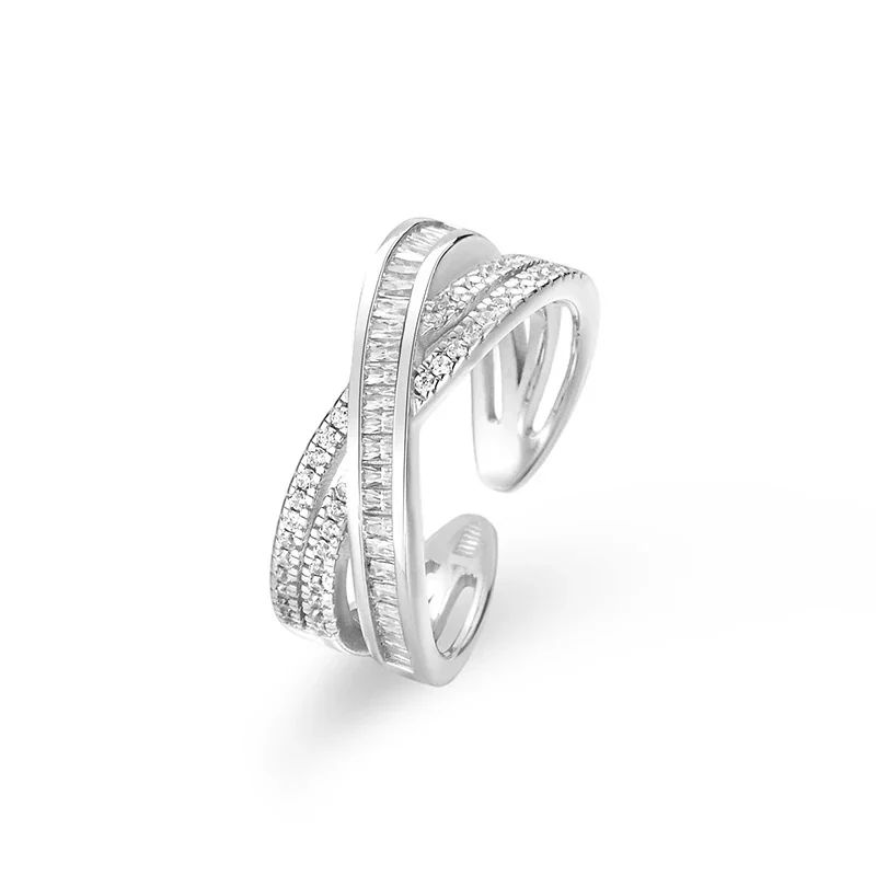Sculptural 925 Sterling Silver Baguette Pavé Ring - Silver