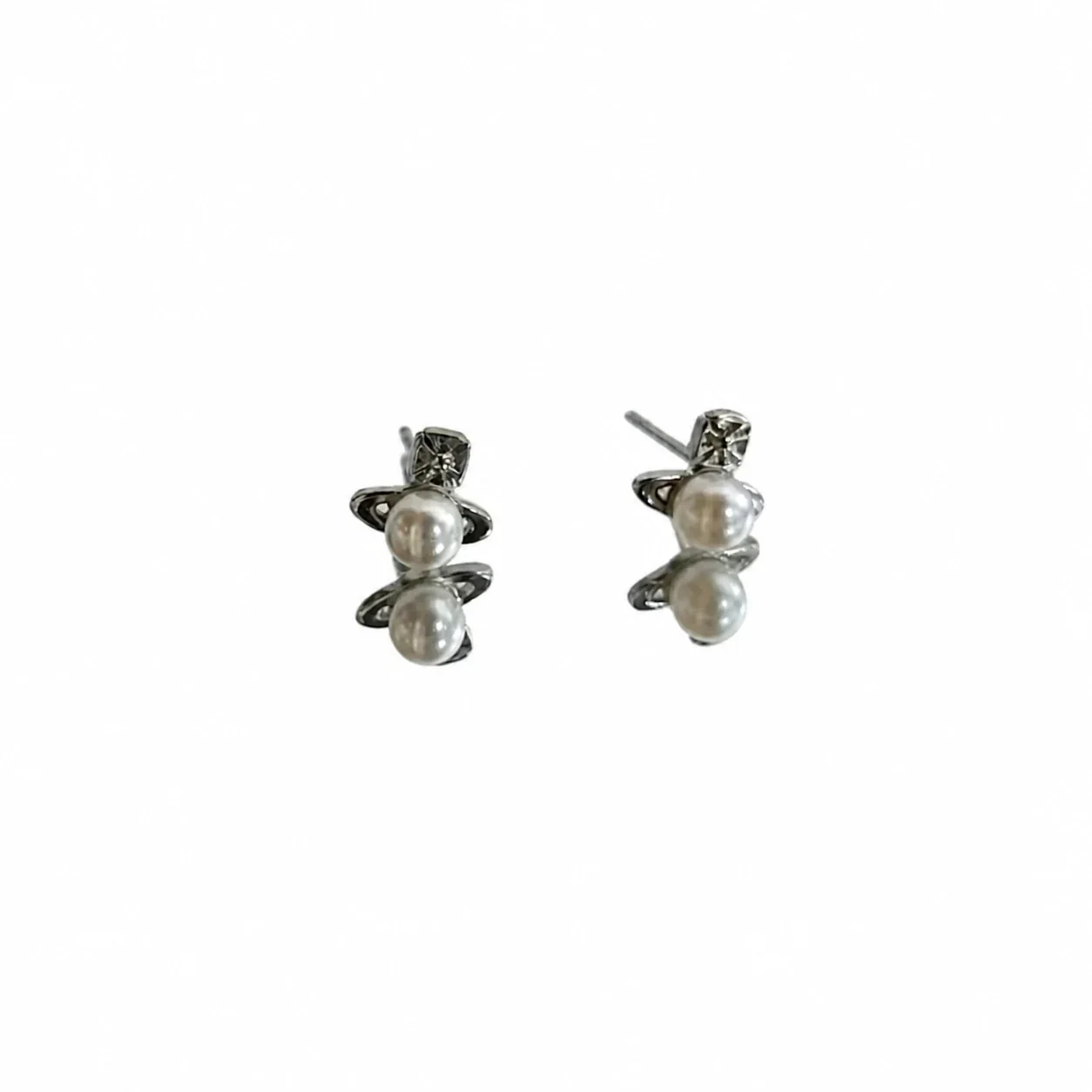 Petite Silver-Plated Saturn Halo Pearl Stud Earrings