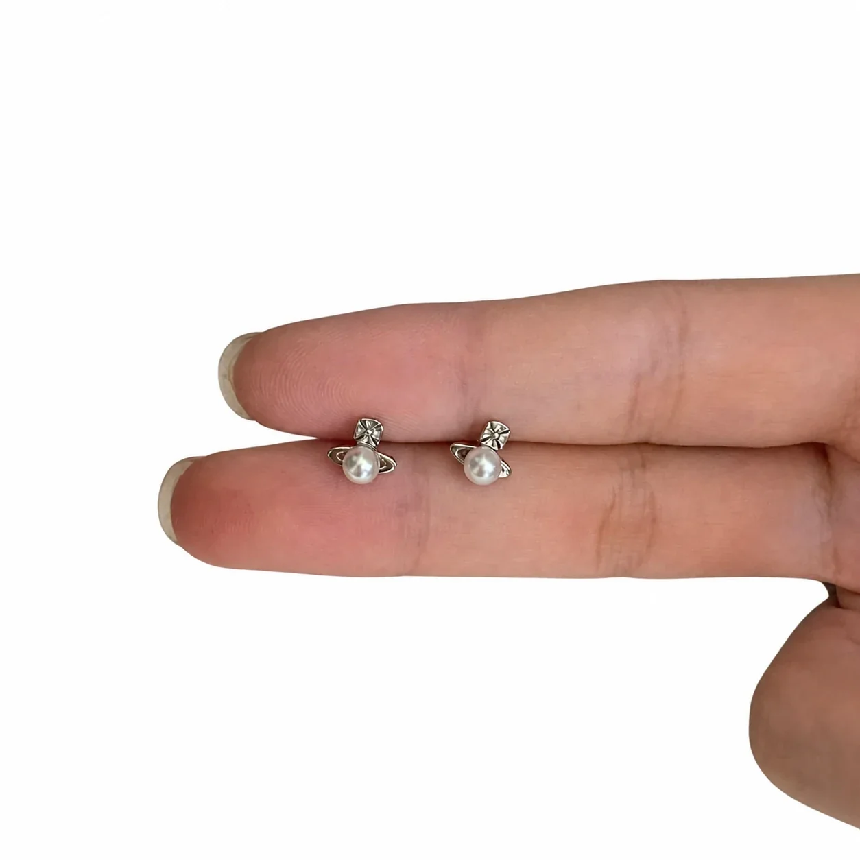 Petite Silver-Plated Saturn Halo Pearl Stud Earrings