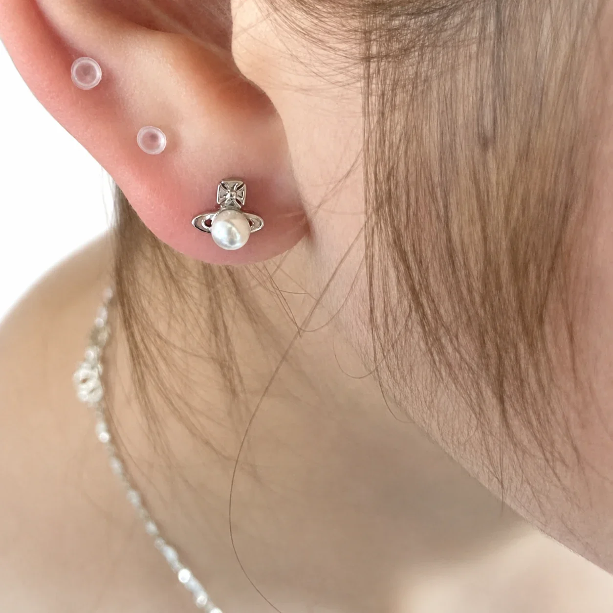Petite Silver-Plated Saturn Halo Pearl Stud Earrings