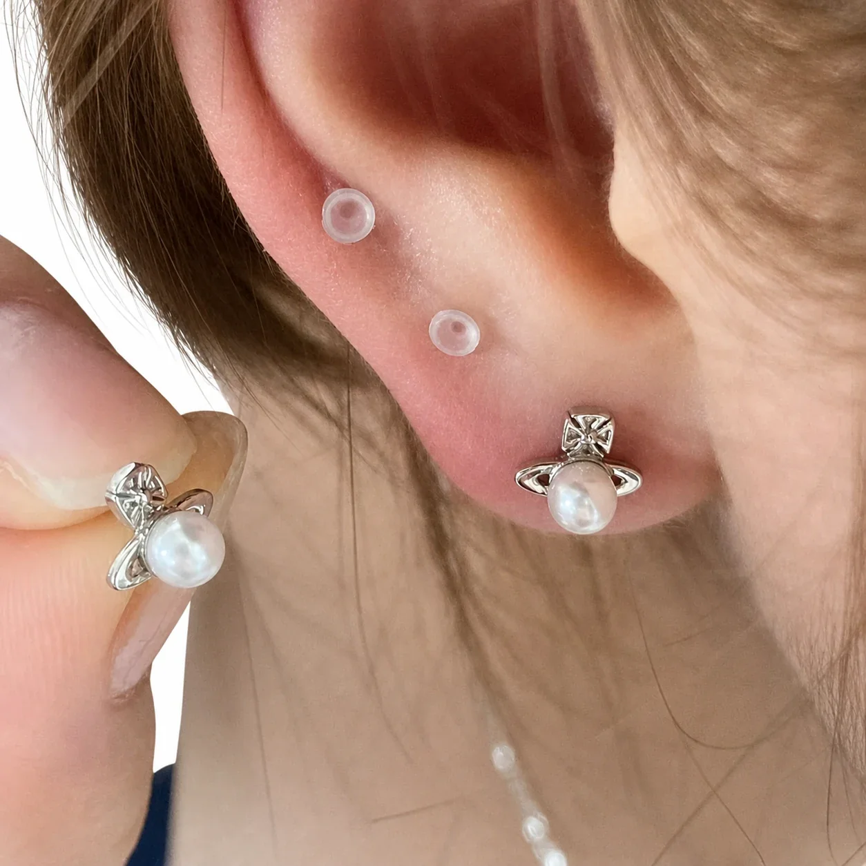 Petite Silver-Plated Saturn Halo Pearl Stud Earrings