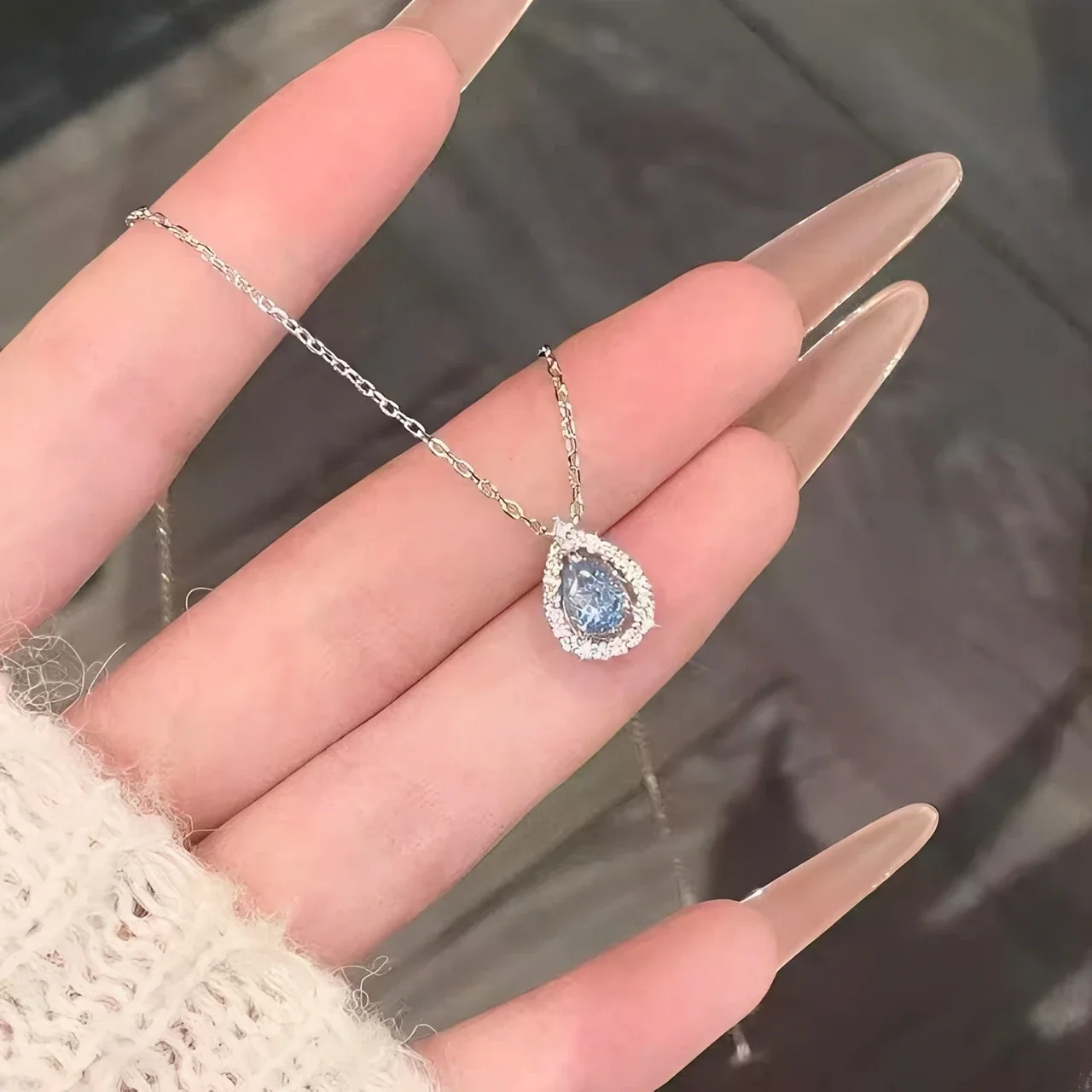 Halo Teardrop Blue CZ 925 Sterling Silver Necklace