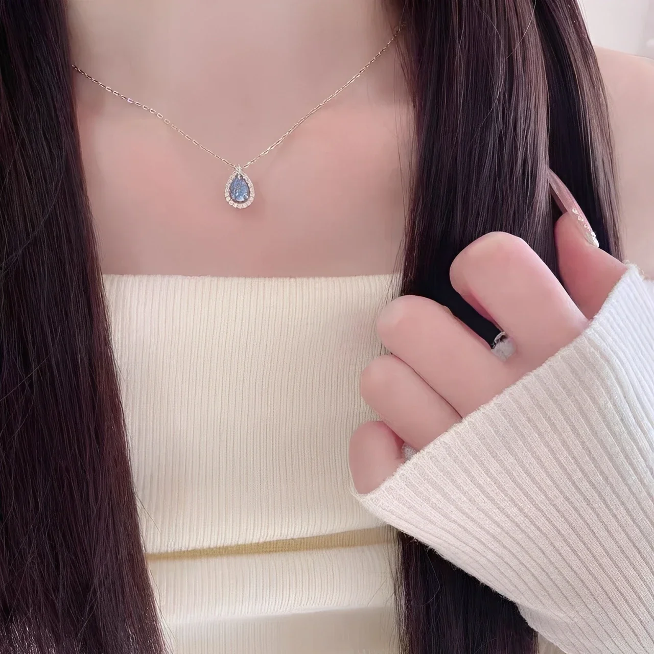 Halo Teardrop Blue CZ 925 Sterling Silver Necklace
