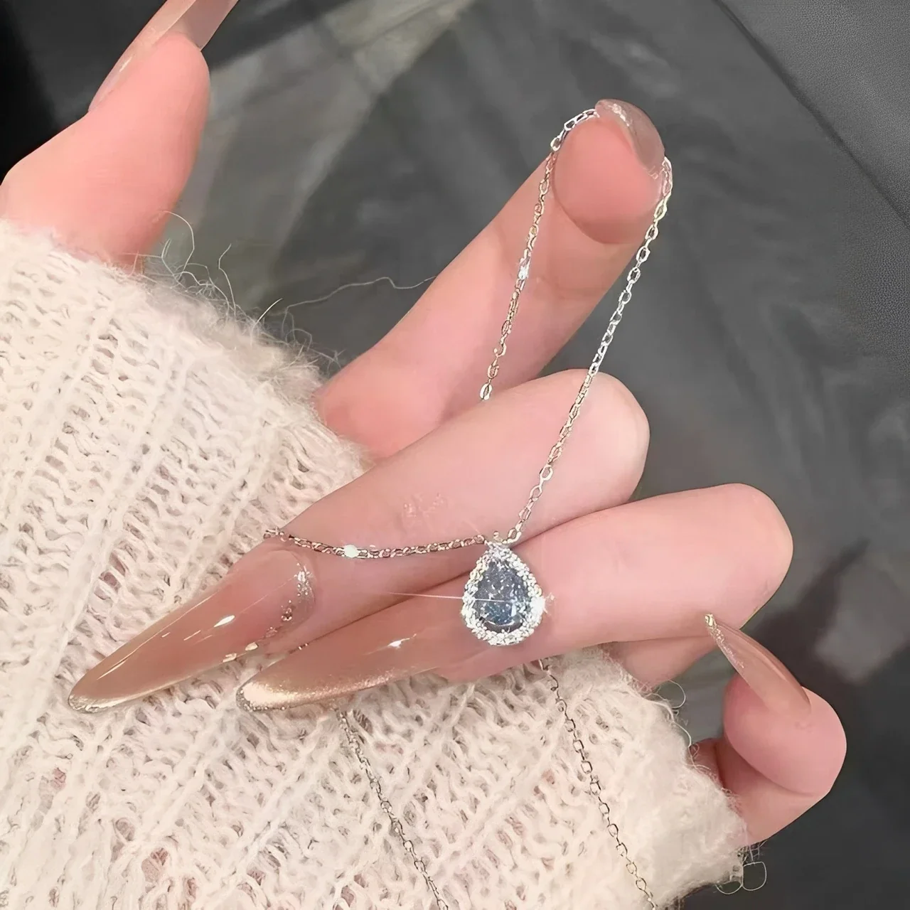 Halo Teardrop Blue CZ 925 Sterling Silver Necklace
