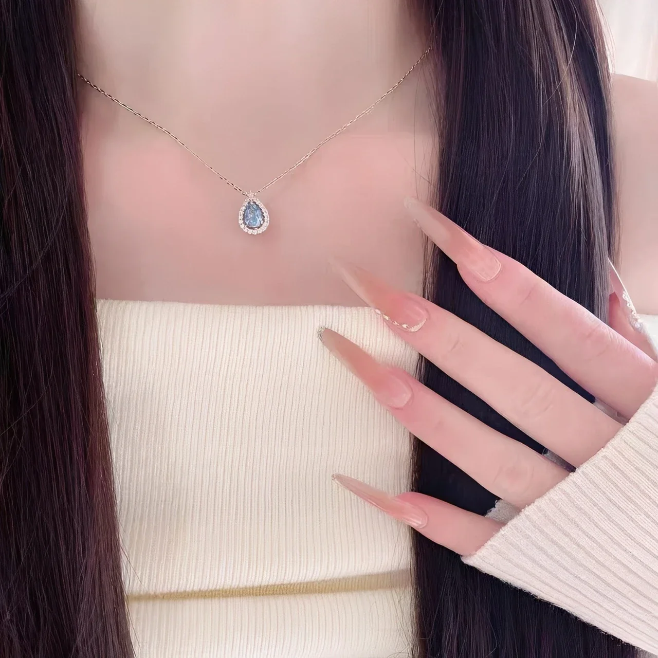 Halo Teardrop Blue CZ 925 Sterling Silver Necklace