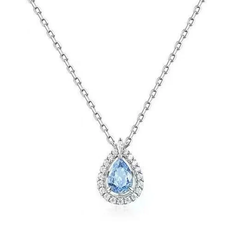 Halo Teardrop Blue CZ 925 Sterling Silver Necklace - Deep Blue