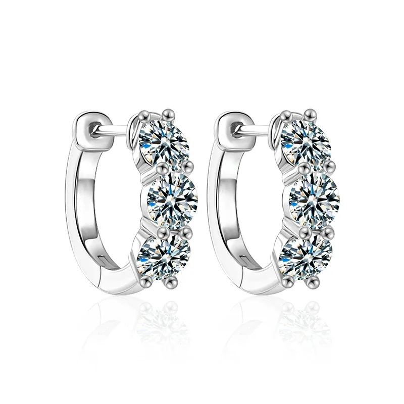 Polished 925 Sterling Silver Triple Round-Prong Moissanite Hoop Earrings
