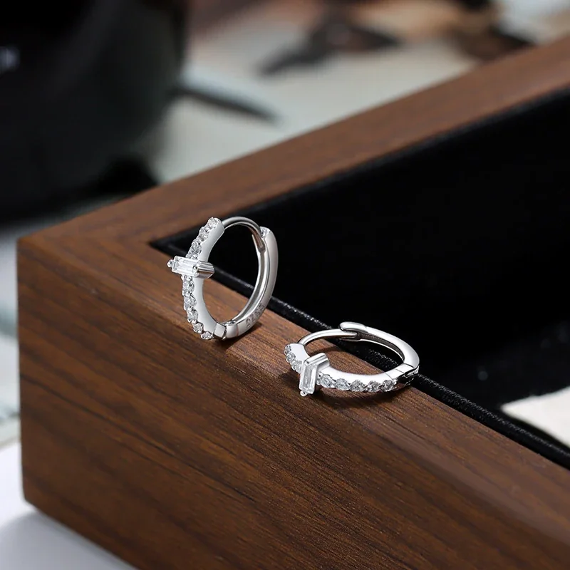 Baguette-Center 925 Sterling Silver Round-Stone Hoop Earrings
