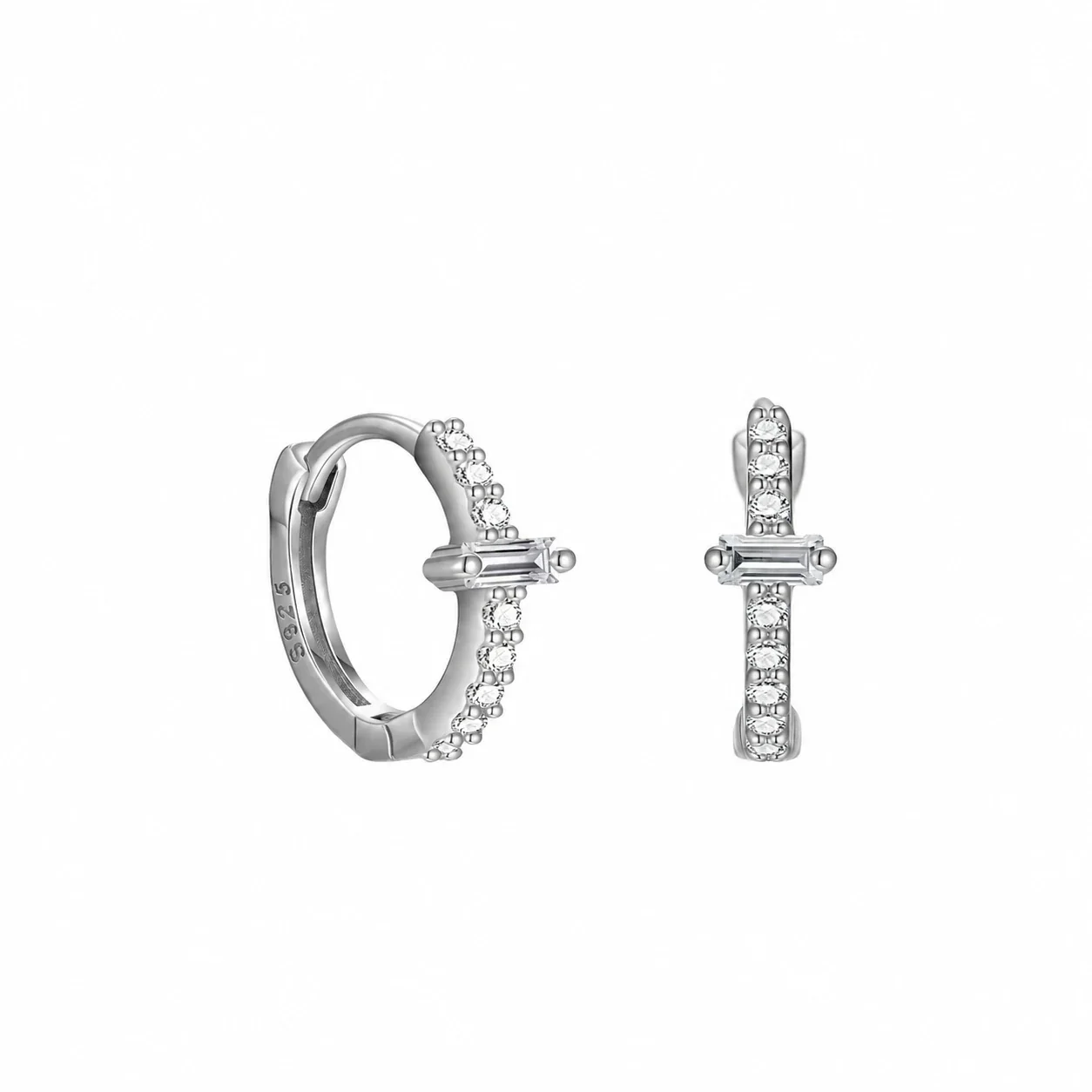 Baguette-Center 925 Sterling Silver Round-Stone Hoop Earrings - Small