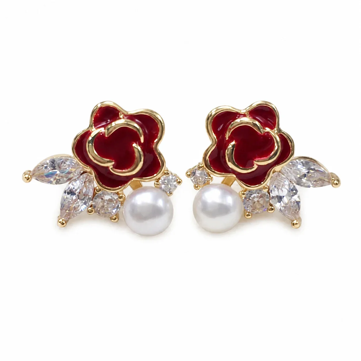 Romantic Red Camellia Freshwater Pearl CZ Stud Earrings