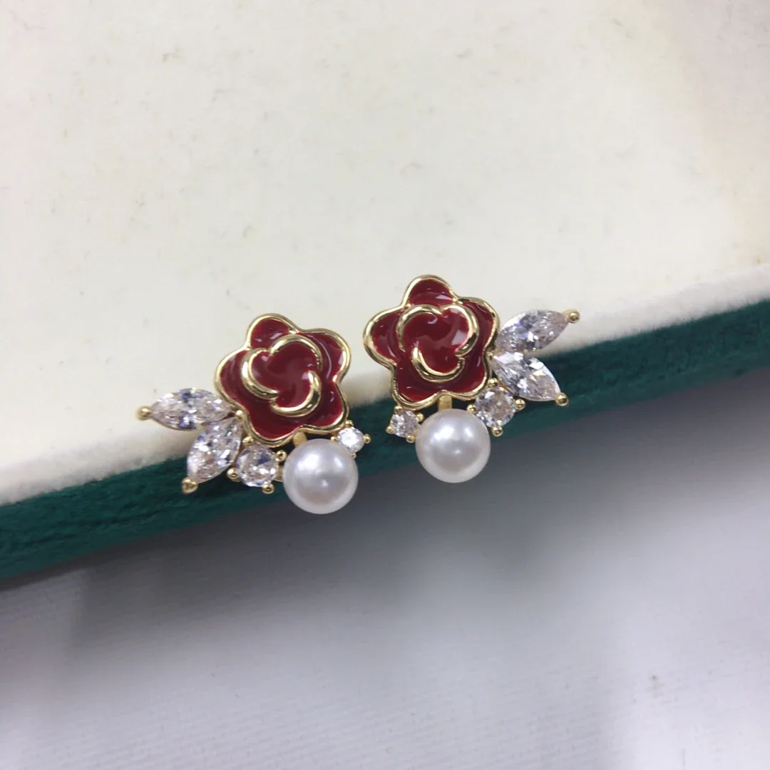 Romantic Red Camellia Freshwater Pearl CZ Stud Earrings