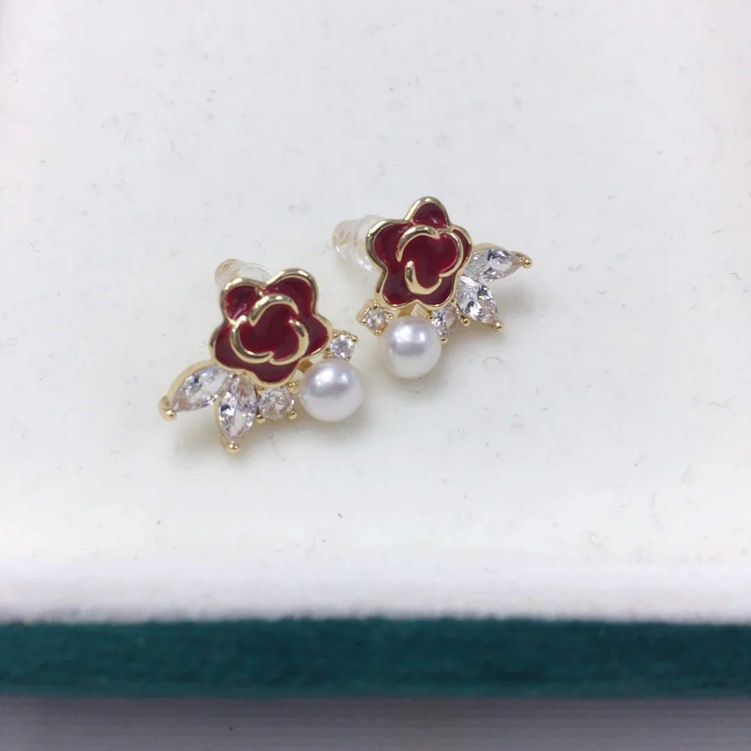 Romantic Red Camellia Freshwater Pearl CZ Stud Earrings