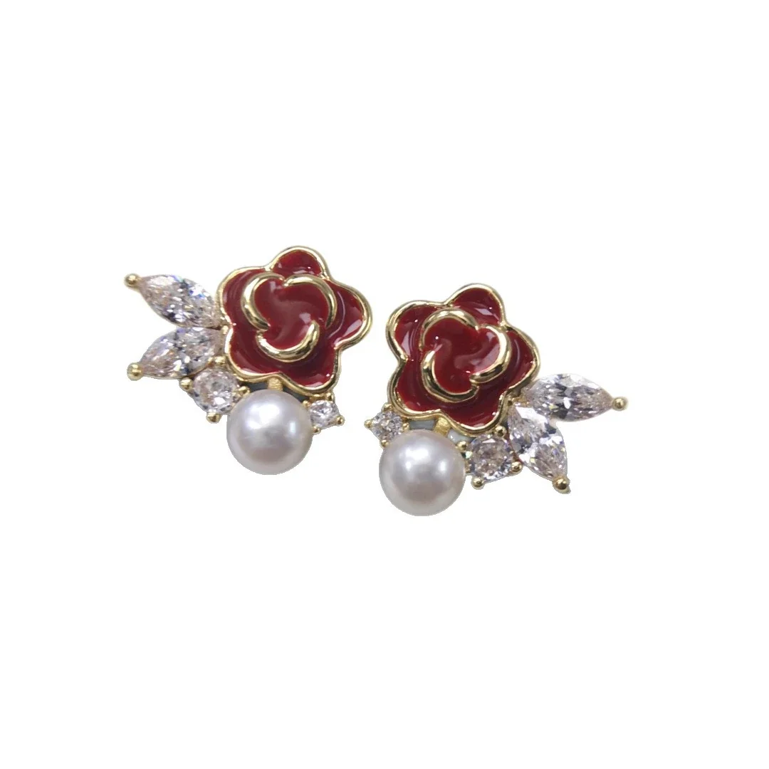Romantic Red Camellia Freshwater Pearl CZ Stud Earrings