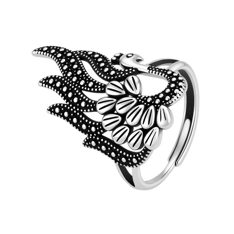 Ornate Silver-Plated Peacock Filigree Open Copper Ring