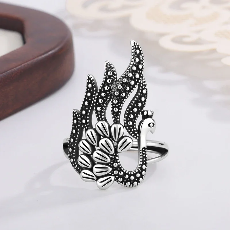 Ornate Silver-Plated Peacock Filigree Open Copper Ring