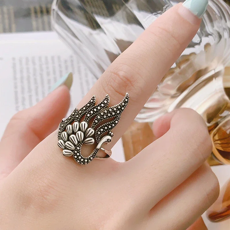 Ornate Silver-Plated Peacock Filigree Open Copper Ring