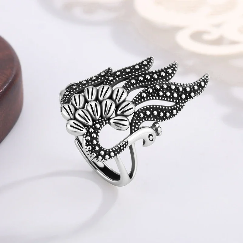 Ornate Silver-Plated Peacock Filigree Open Copper Ring