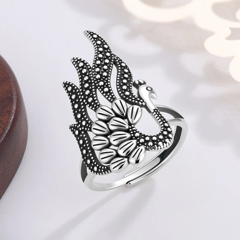 Ornate Silver-Plated Peacock Filigree Open Copper Ring - Silver