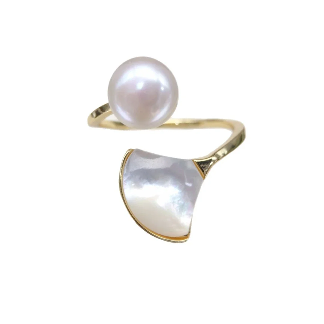 Sculptural Gold-Plated Pearl Fan Shell Open Ring