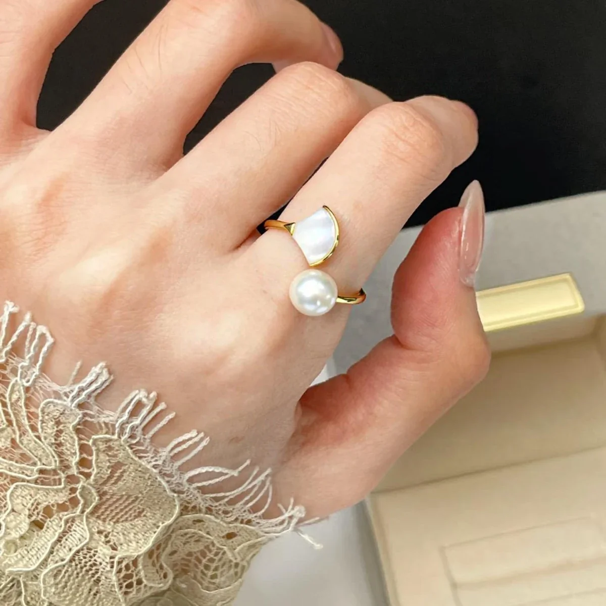 Sculptural Gold-Plated Pearl Fan Shell Open Ring