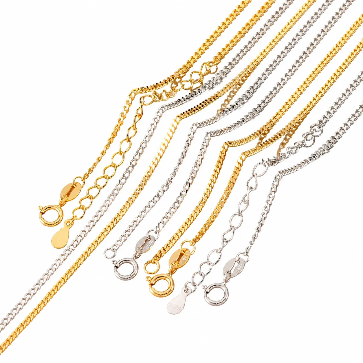 Faceted 925 Sterling Silver Slim Curb Spring-Clasp Chain Necklace