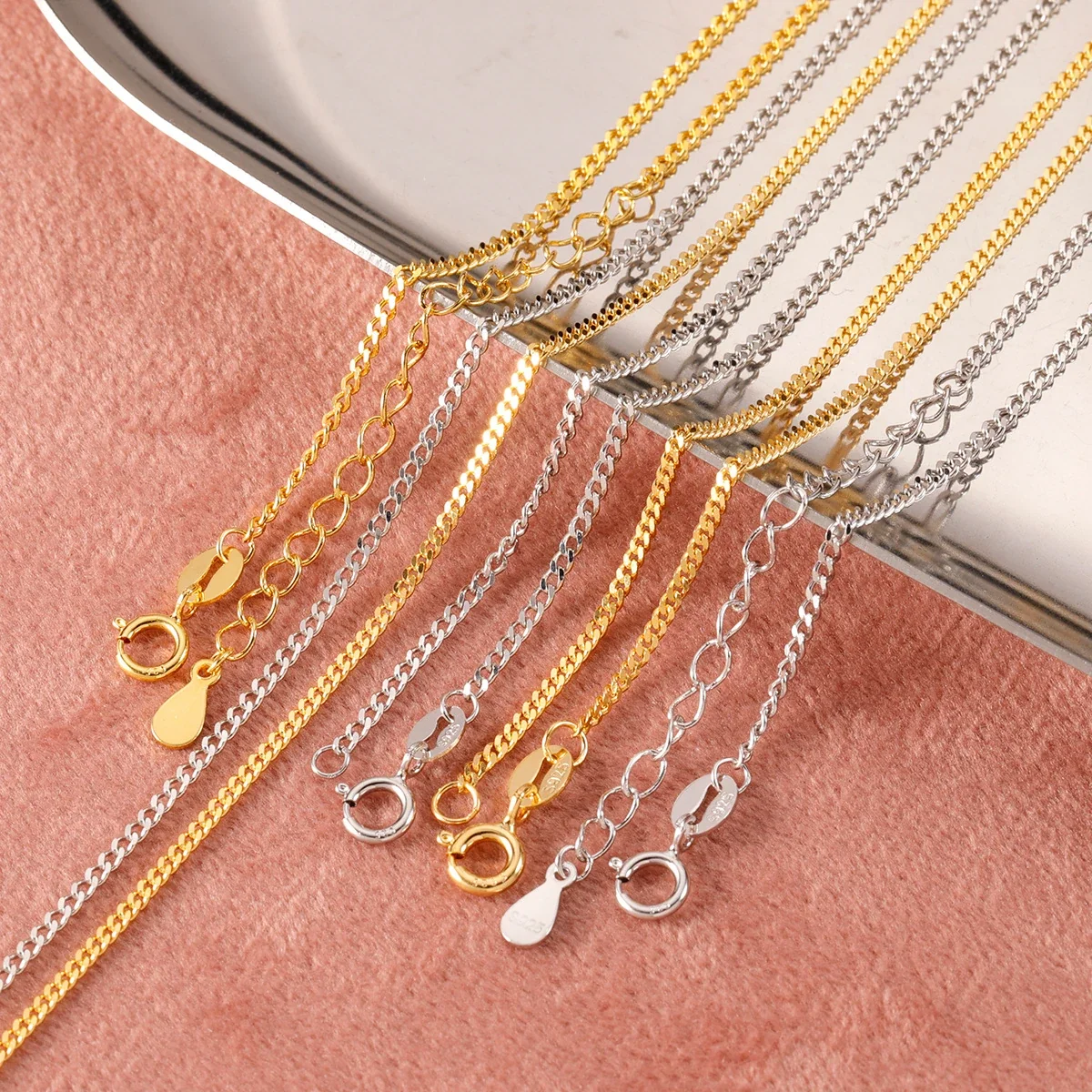 Faceted 925 Sterling Silver Slim Curb Spring-Clasp Chain Necklace