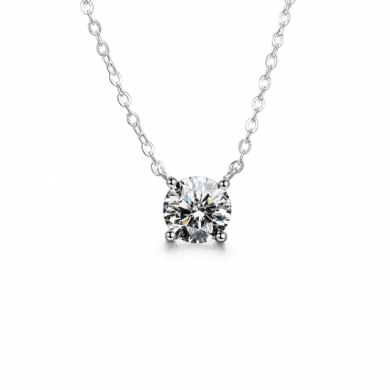 Refined 925 sterling silver round four-prong moissanite necklace - Silver Moissanite