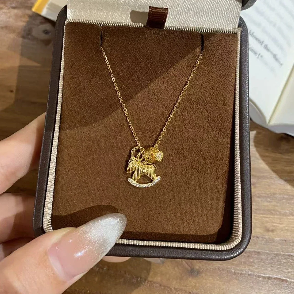 Whimsical 925 Sterling Silver Rocking Horse Heart Necklace - Gold
