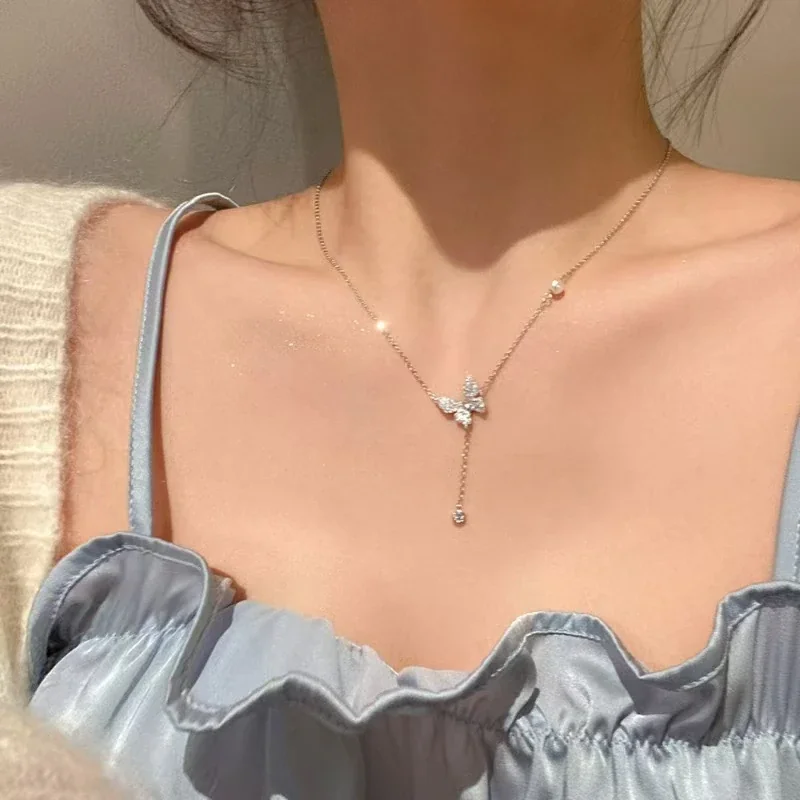 Delicate 925 Sterling Silver Pavé Butterfly Drop Necklace