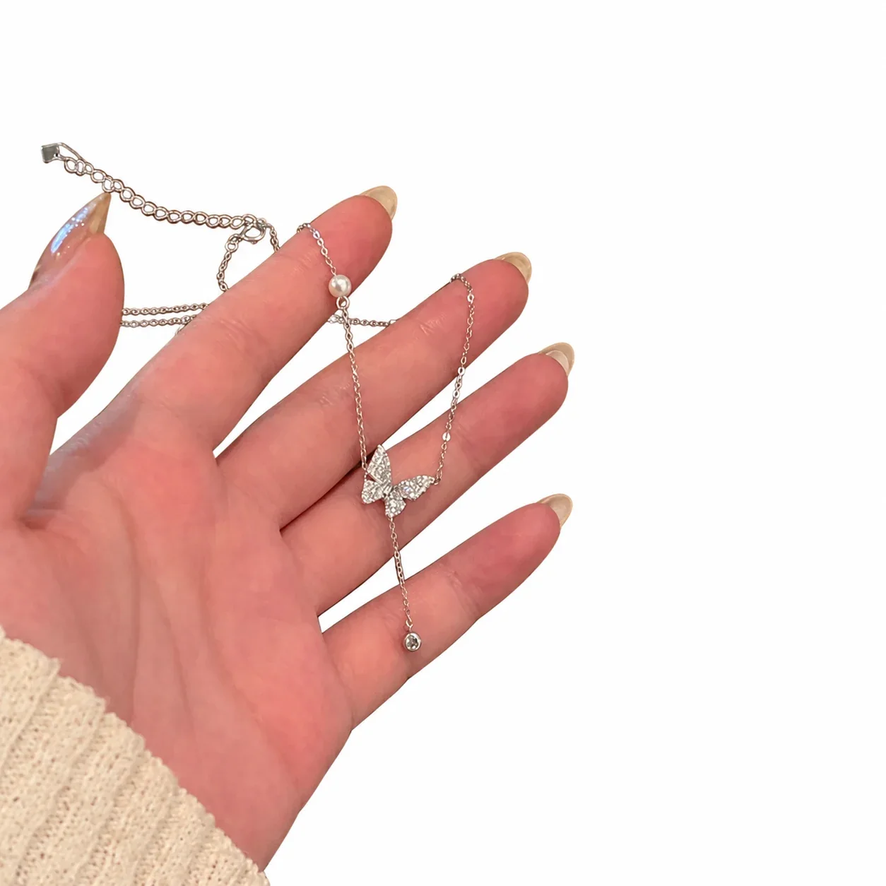 Delicate 925 Sterling Silver Pavé Butterfly Drop Necklace